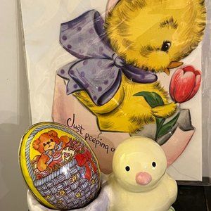 Ceramic Chick Egg Cup, Lucy Riggs Egg, Vintage Card